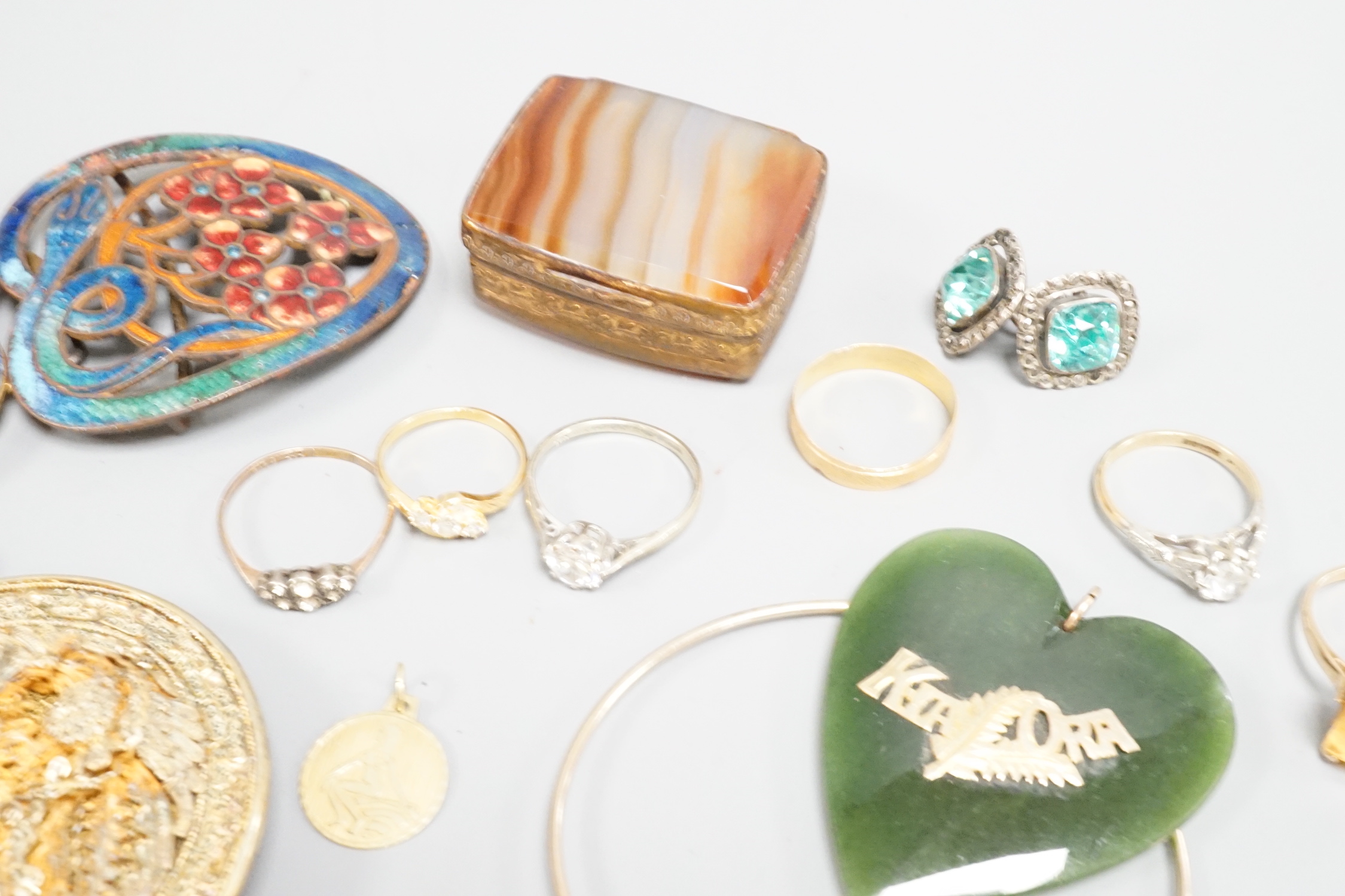 A quantity of mainly costume jewellery and other items including enamelled belt buckle.